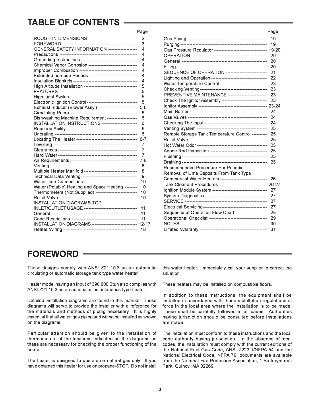 American Water Heater Commercial Gas, Glass-Lined, Tank-Type Water Heater, BCG3-80T150-6NOX Table Of Contents, Foreword 