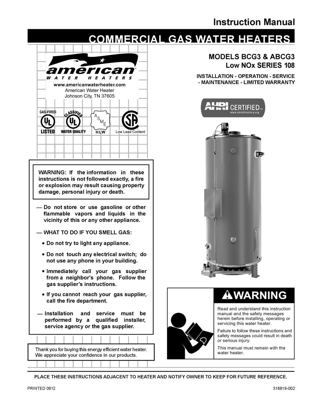 American Water Heater ABCG3 instruction manual Commercial gas water heaters 