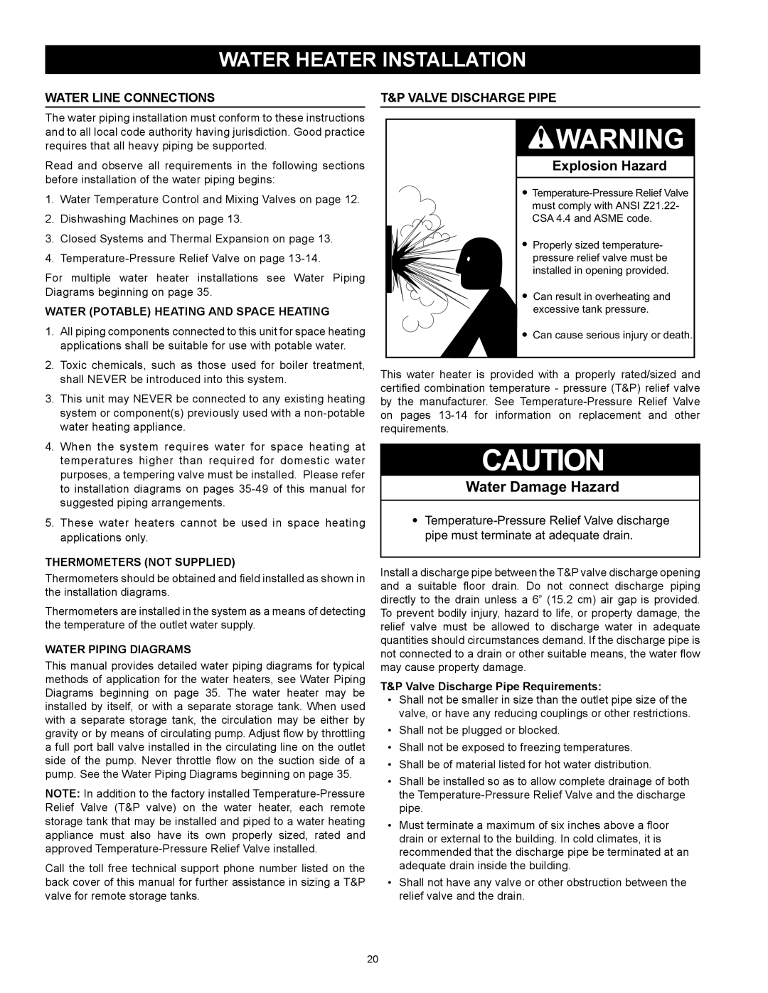 American Water Heater ABCG3 instruction manual Water heater installation, Water Line Connections, Valve Discharge Pipe 