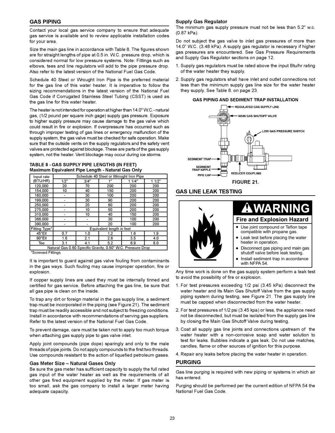 American Water Heater ABCG3 Gas Piping, Gas Line Leak Testing, Purging, Gas Meter Size Natural Gases Only 