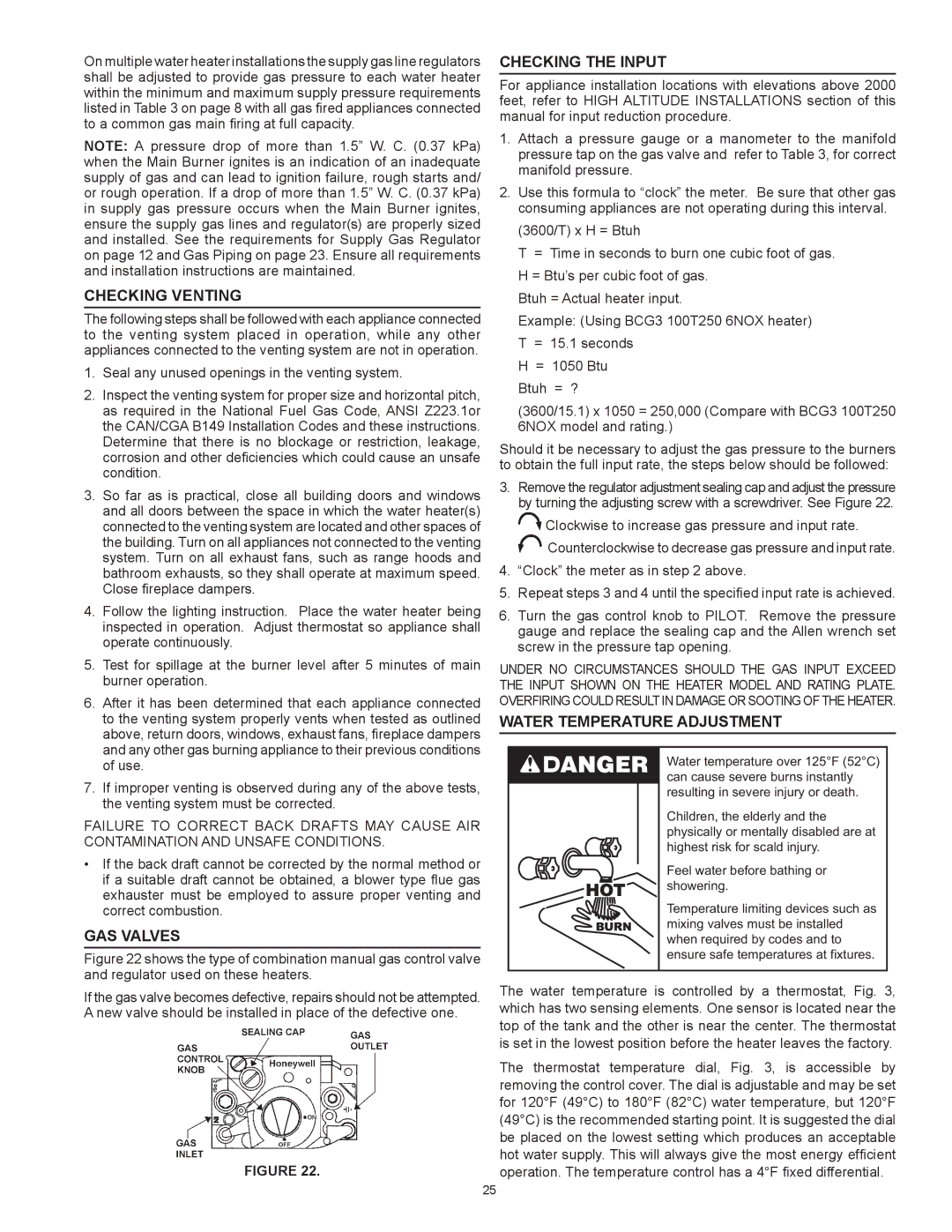 American Water Heater ABCG3 Checking Venting, Gas Valves, Checking the Input, Water Temperature Adjustment 