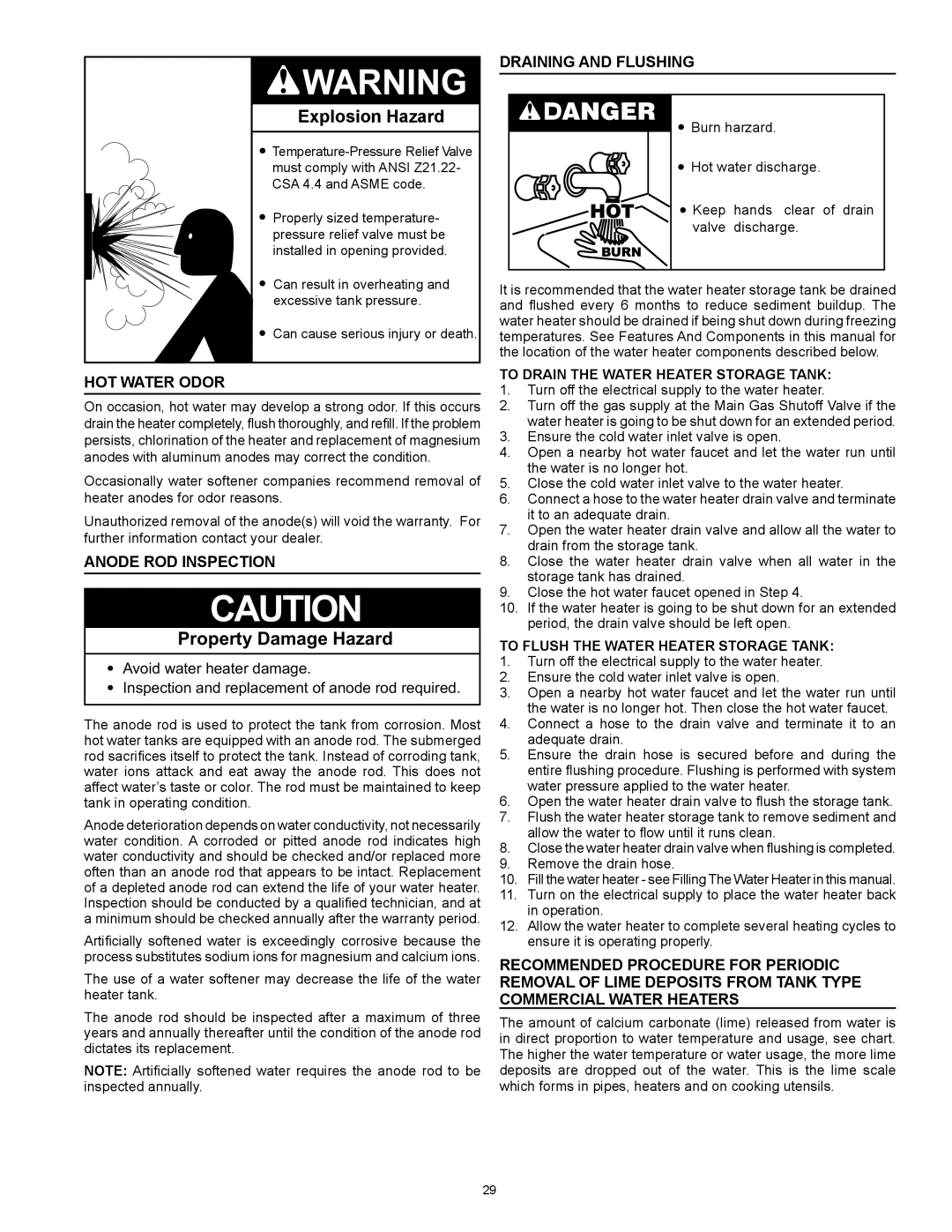 American Water Heater ABCG3 instruction manual Hot Water Odor, Anode Rod Inspection, Draining and Flushing 