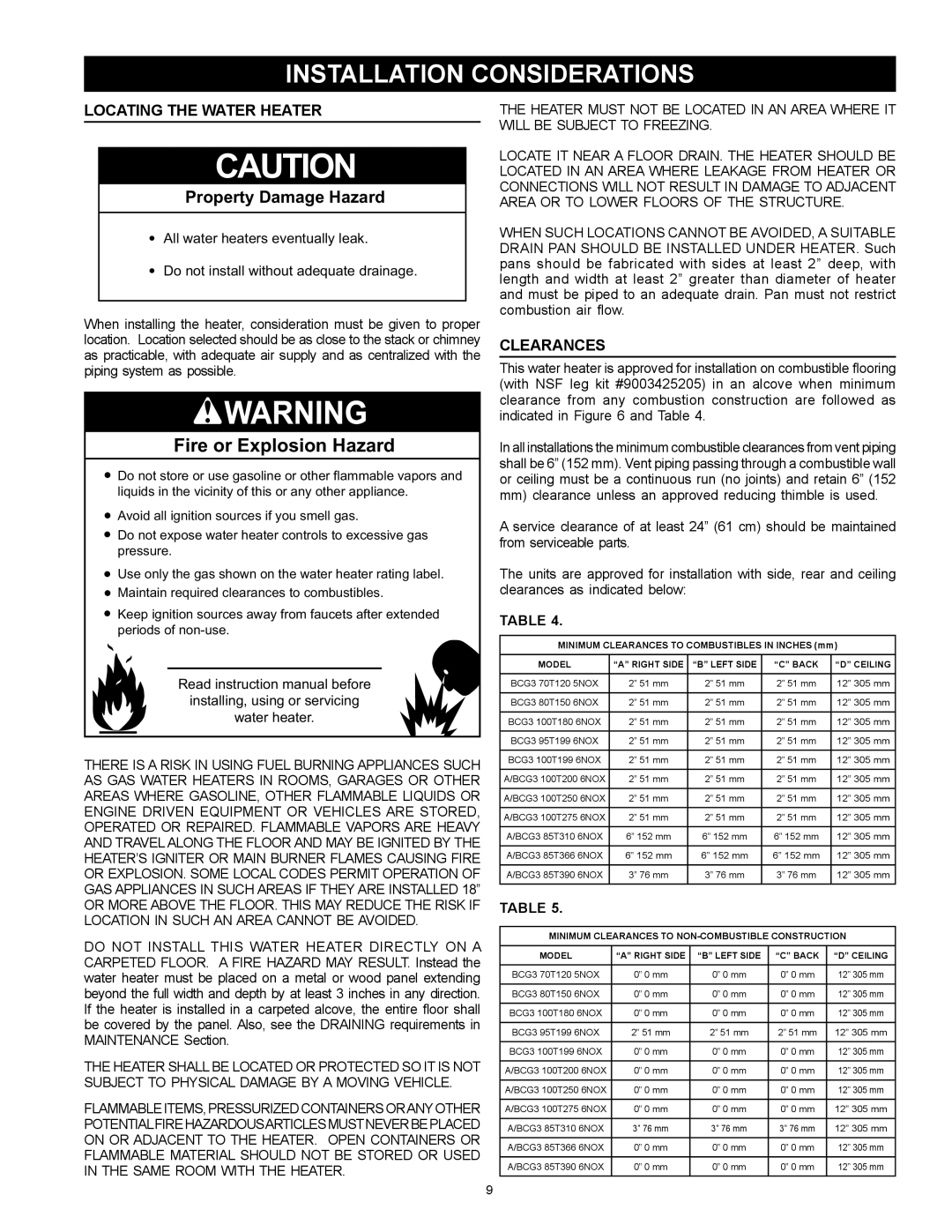 American Water Heater ABCG3 instruction manual Locating the Water Heater, Clearances 