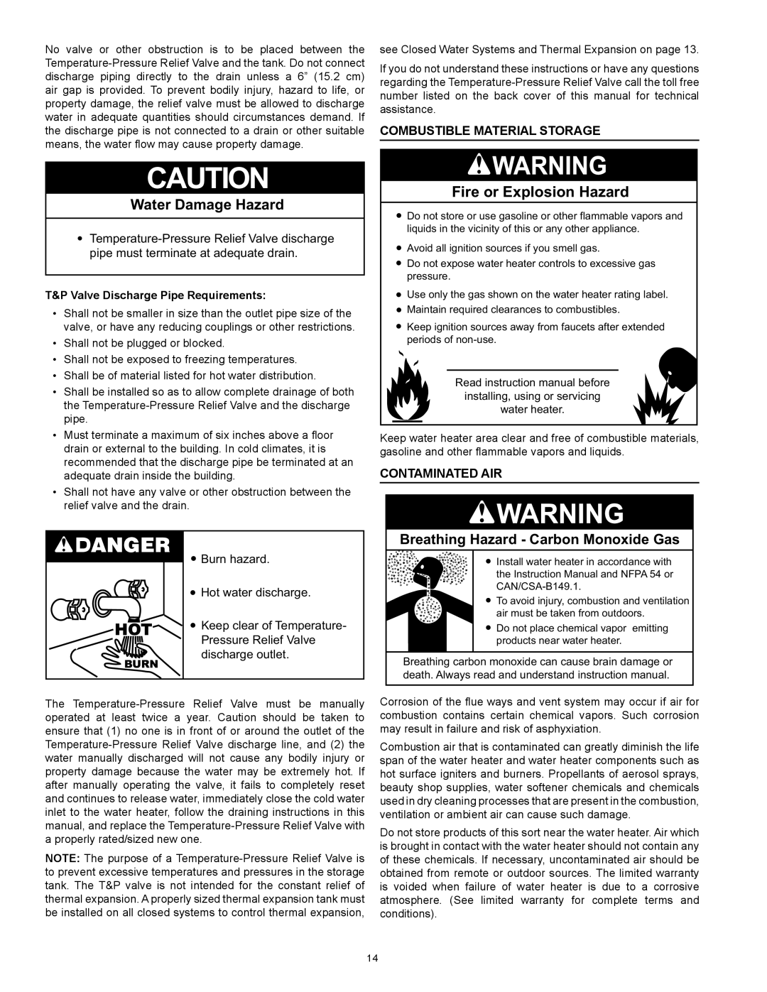 American Water Heater BCL3 85T275 6NOX Combustible Material Storage, Contaminated Air, Valve Discharge Pipe Requirements 