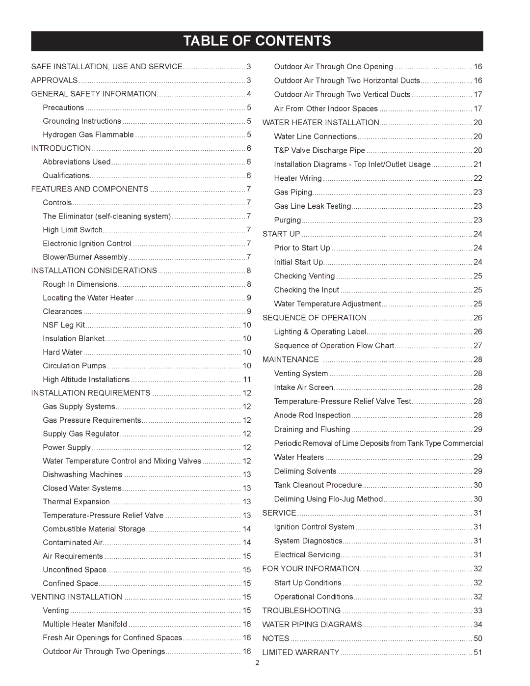 American Water Heater BCL3 85T275 6NOX, BCL3 95T199 6NOX, BCL3 85T390 6NOX instruction manual Table Of Contents 