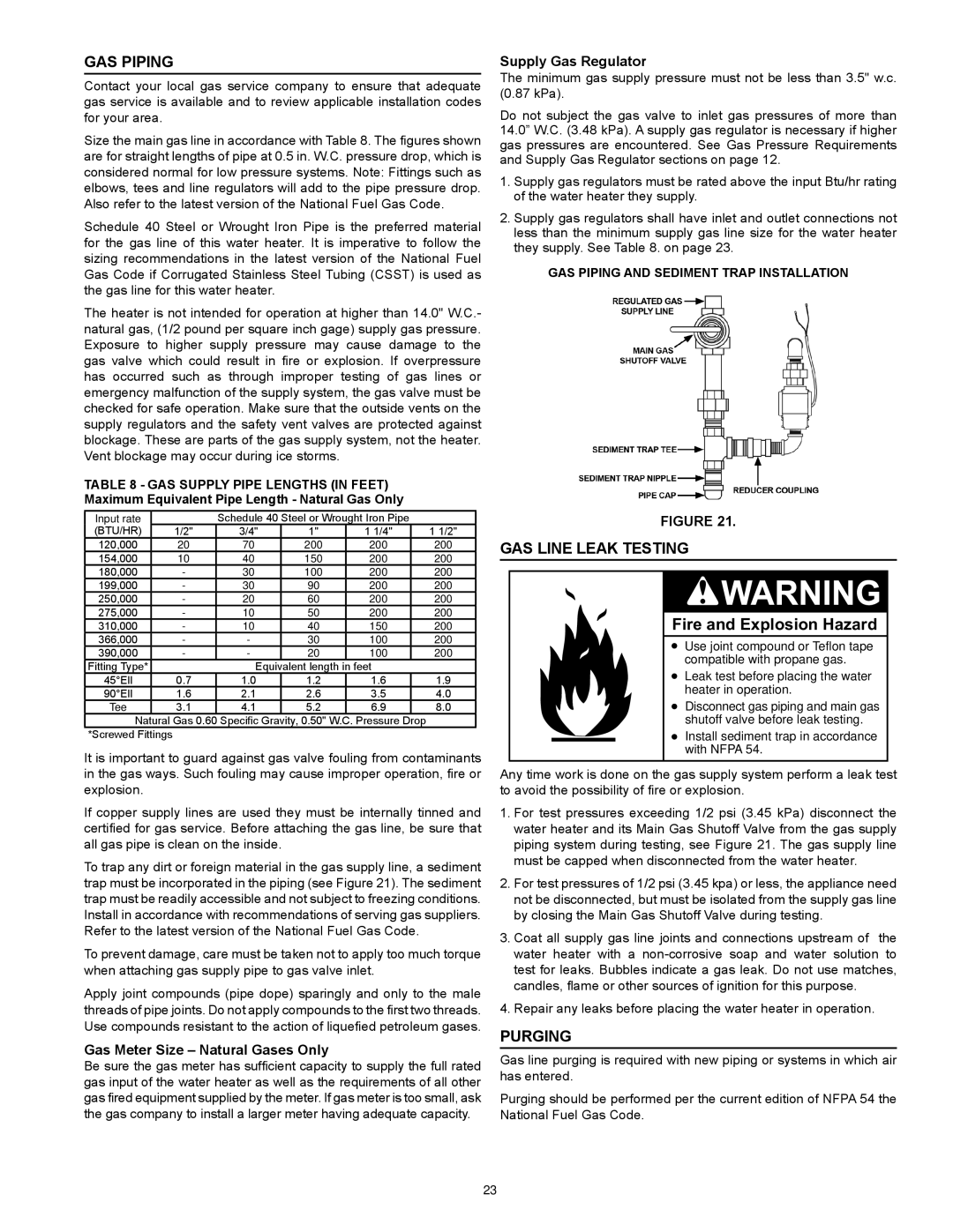 American Water Heater BCL3 85T275 6NOX Gas Piping, Gas Line Leak Testing, Purging, Gas Meter Size Natural Gases Only 