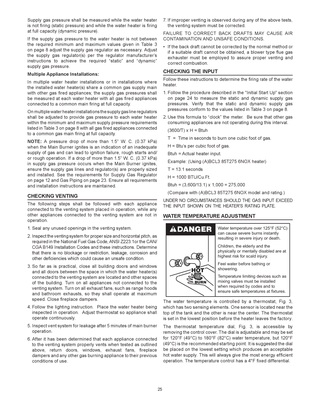 American Water Heater BCL3 85T390 6NOX Checking Venting, Checking the Input, Water Temperature Adjustment 