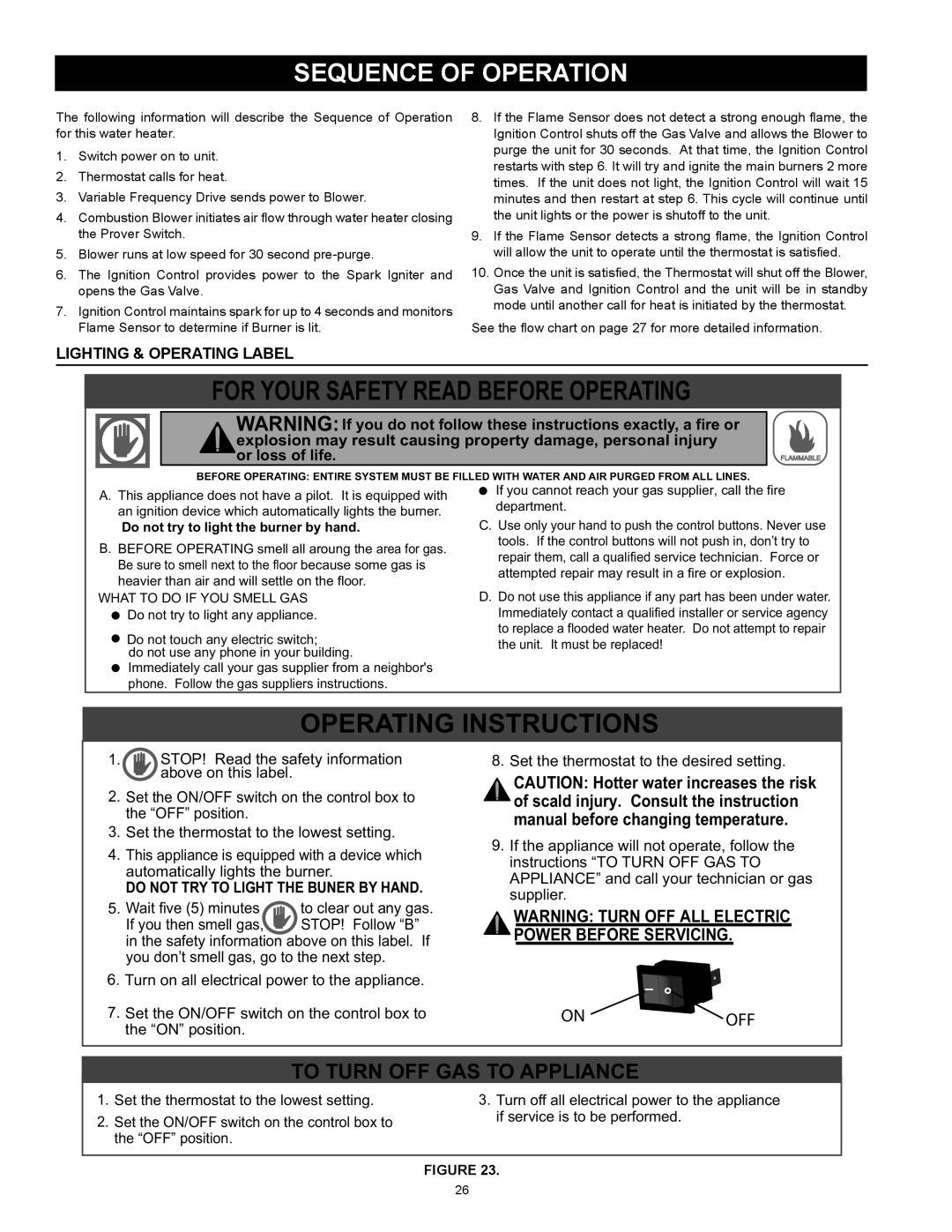 American Water Heater BCL3 85T275 6NOX, BCL3 95T199 6NOX Sequence of Operation, Lighting & Operating Label 