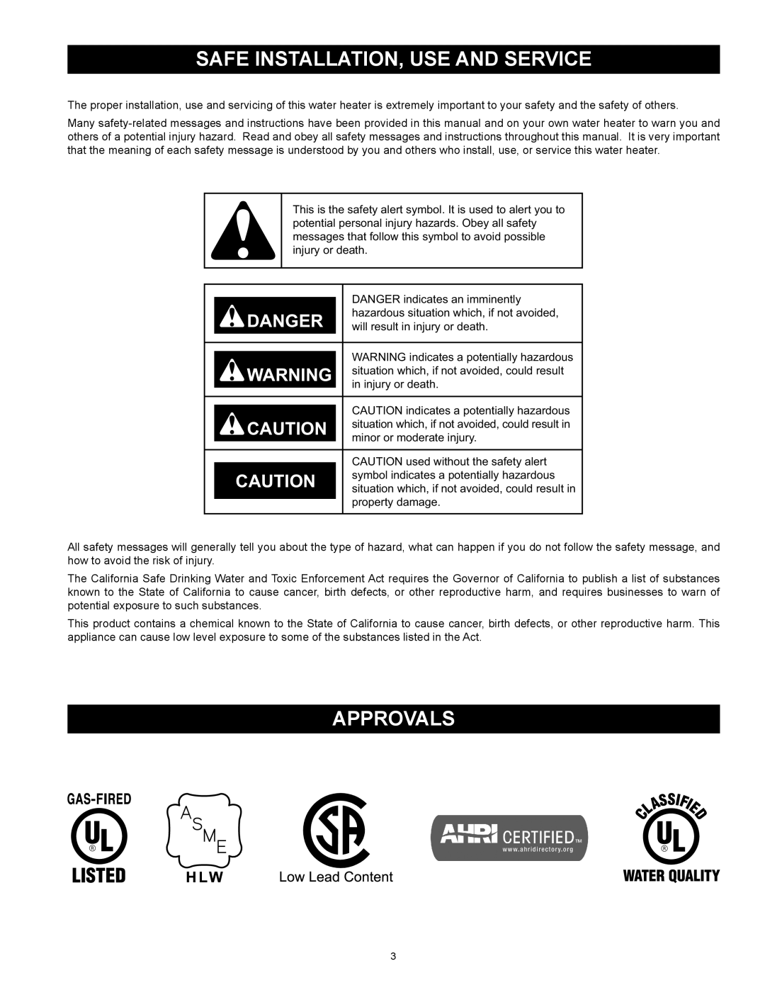 American Water Heater BCL3 95T199 6NOX, BCL3 85T390 6NOX, BCL3 85T275 6NOX Safe Installation, Use and Service, Approvals 