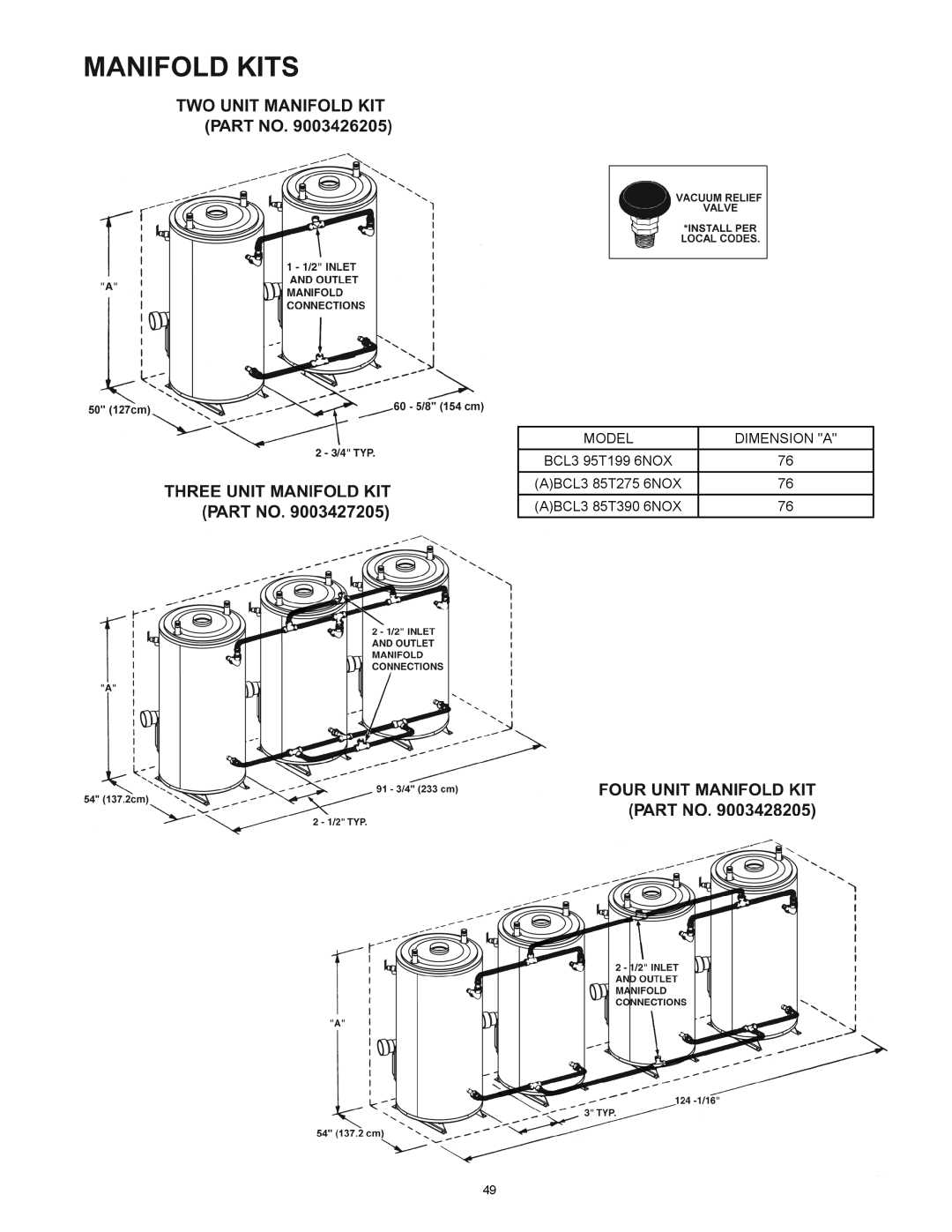 American Water Heater BCL3 85T390 6NOX, BCL3 95T199 6NOX, BCL3 85T275 6NOX instruction manual Model Dimension a 