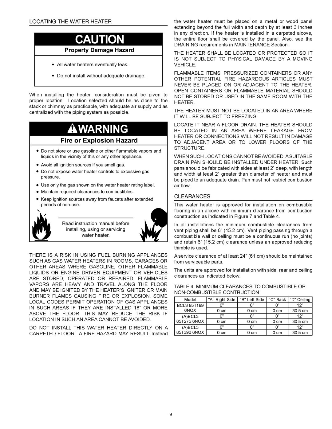 American Water Heater BCL3 95T199 6NOX, BCL3 85T390 6NOX, BCL3 85T275 6NOX Locating the Water Heater, Clearances 
