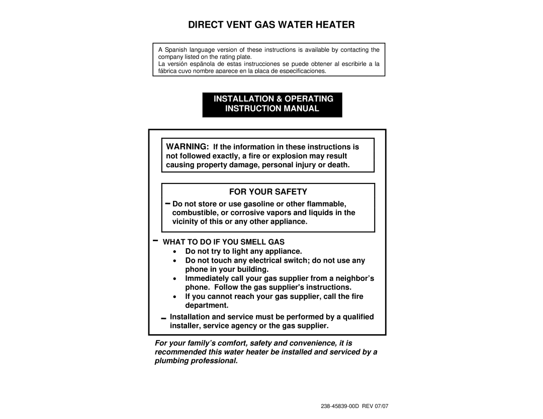 American Water Heater DIRECT VENT GAS WATER HEATER instruction manual Direct Vent GAS Water Heater 