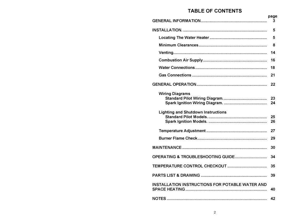 American Water Heater GAS-FIRED COMMERCIAL WATER HEATER instruction manual Table of Contents 