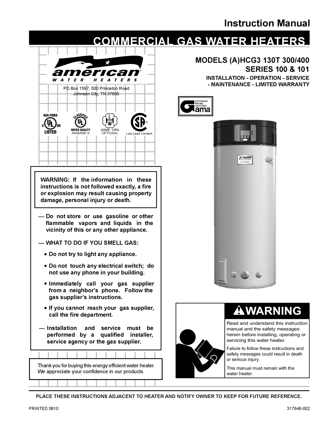 American Water Heater HCG3 130T 300 instruction manual Commercial gas water heaters 