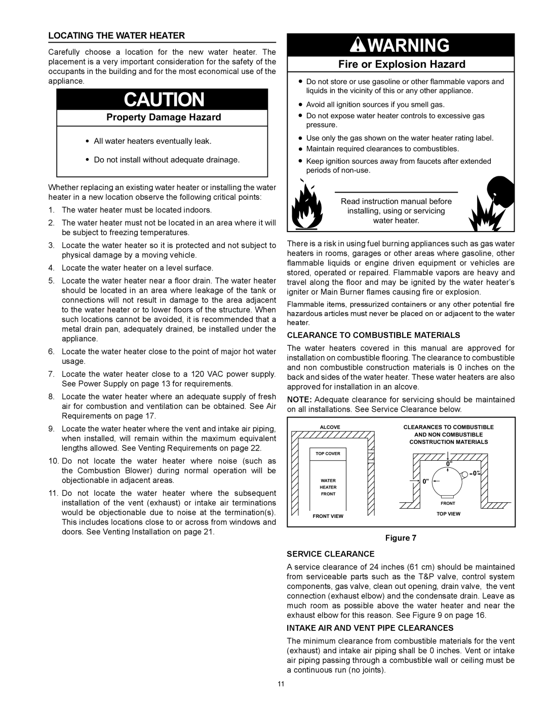 American Water Heater HCG3 130T 300 Locating The Water Heater, Clearance To Combustible Materials, Service Clearance 