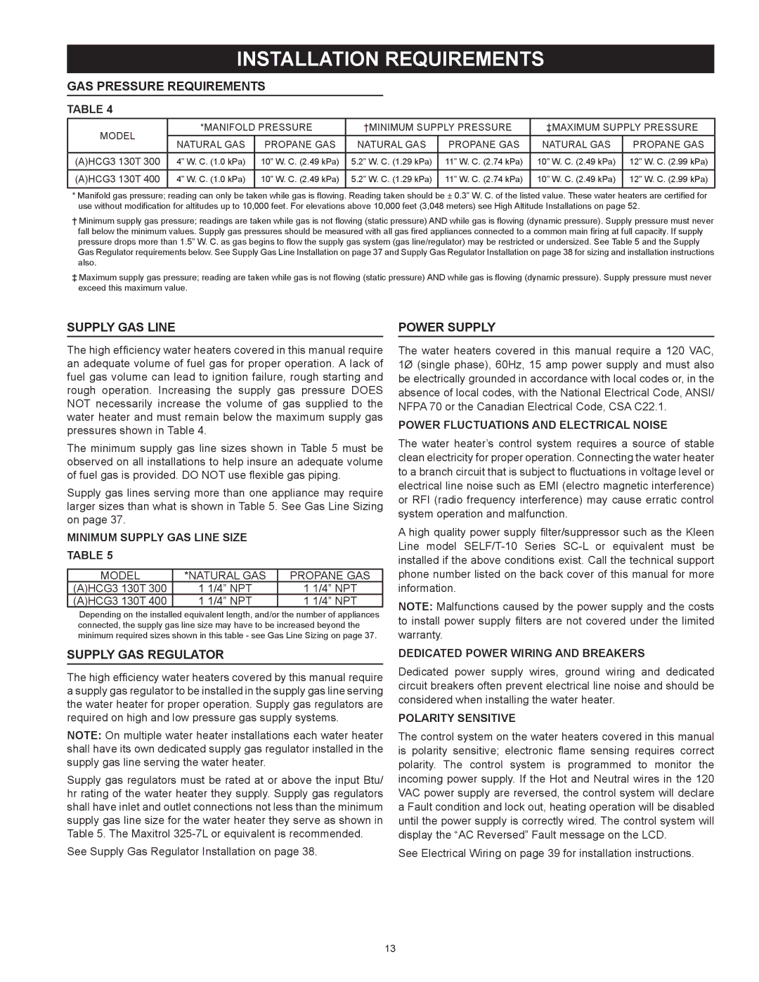 American Water Heater HCG3 130T 300 Installation Requirements, Gas Pressure Requirements, Supply Gas Line, Power Supply 