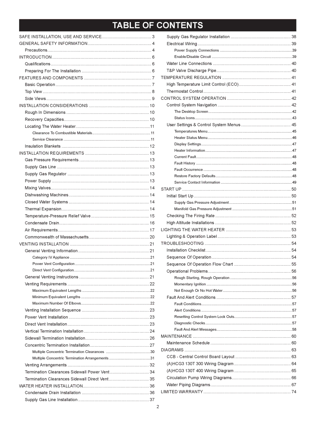 American Water Heater HCG3 130T 300 instruction manual Table Of Contents 