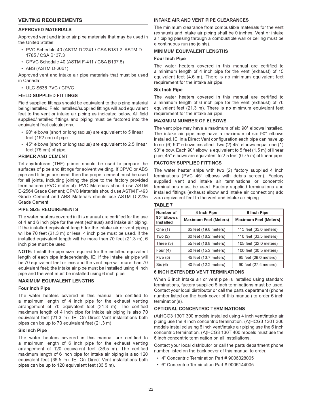 American Water Heater HCG3 130T 300 instruction manual Venting Requirements 