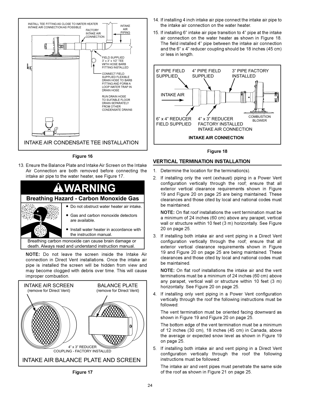 American Water Heater HCG3 130T 300 instruction manual Intake AIR Screen Balance Plate, Vertical Termination Installation 