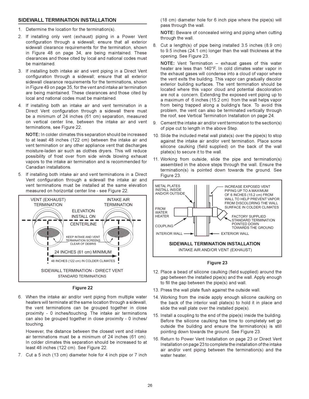 American Water Heater HCG3 130T 300 instruction manual Sidewall Termination Installation 