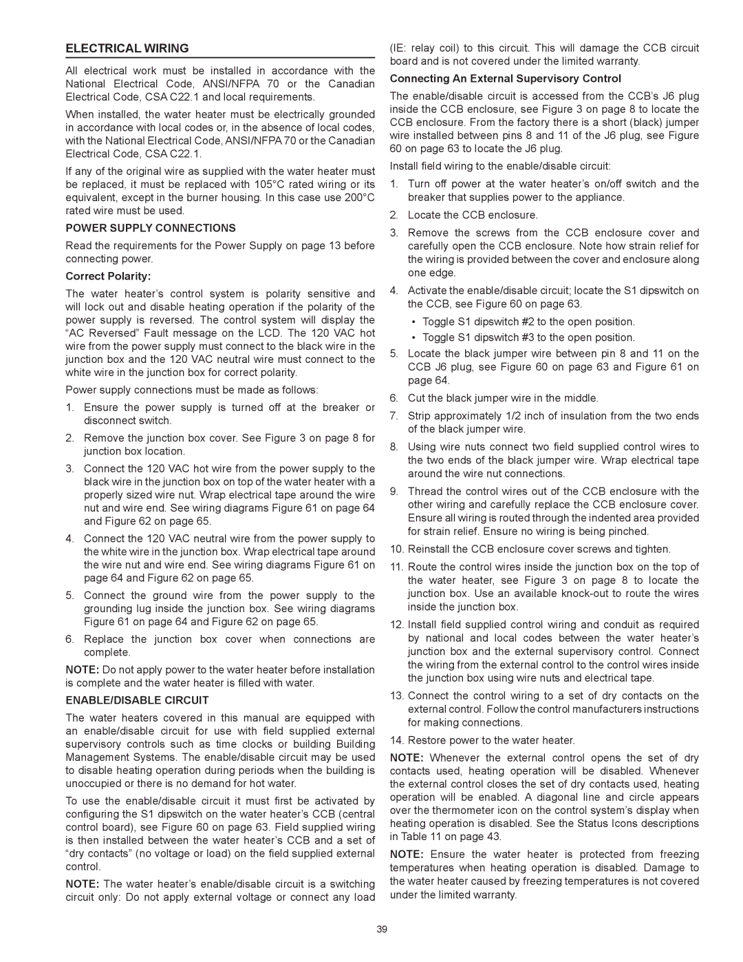 American Water Heater HCG3 130T 300 Electrical Wiring, Power Supply Connections, Correct Polarity, Enable/Disable Circuit 