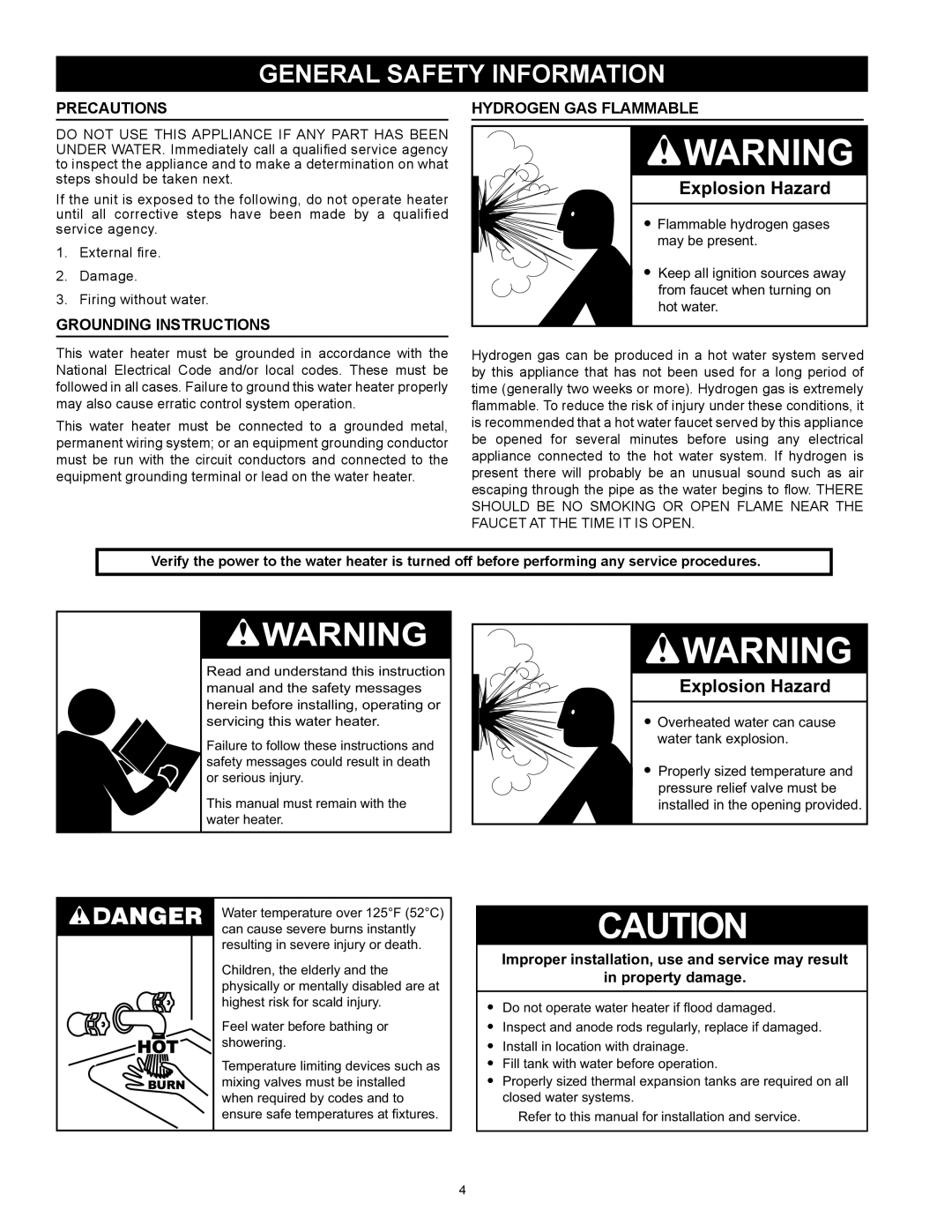 American Water Heater HCG3 130T 300 instruction manual General Safety Information, Precautions, Hydrogen Gas Flammable 