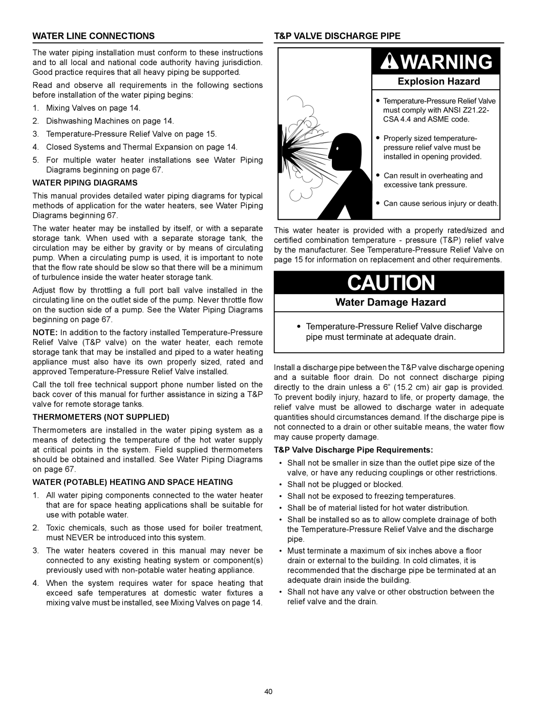 American Water Heater HCG3 130T 300 instruction manual Water Line Connections, Valve Discharge Pipe, Water Piping Diagrams 