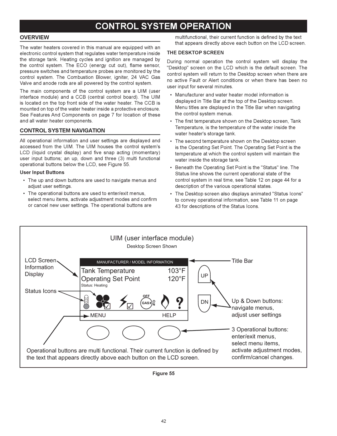 American Water Heater HCG3 130T 300 Control System Operation, Overview, Control System Navigation, User Input Buttons 