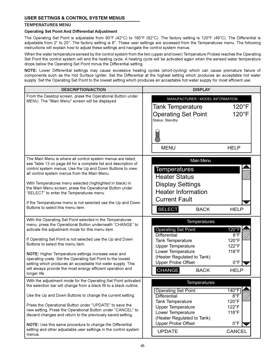 American Water Heater HCG3 130T 300 instruction manual User Settings & Control System Menus, Back Help, Update Cancel 