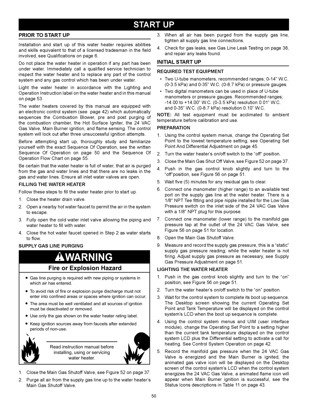 American Water Heater HCG3 130T 300 instruction manual Prior to Start up, Initial Start Up 