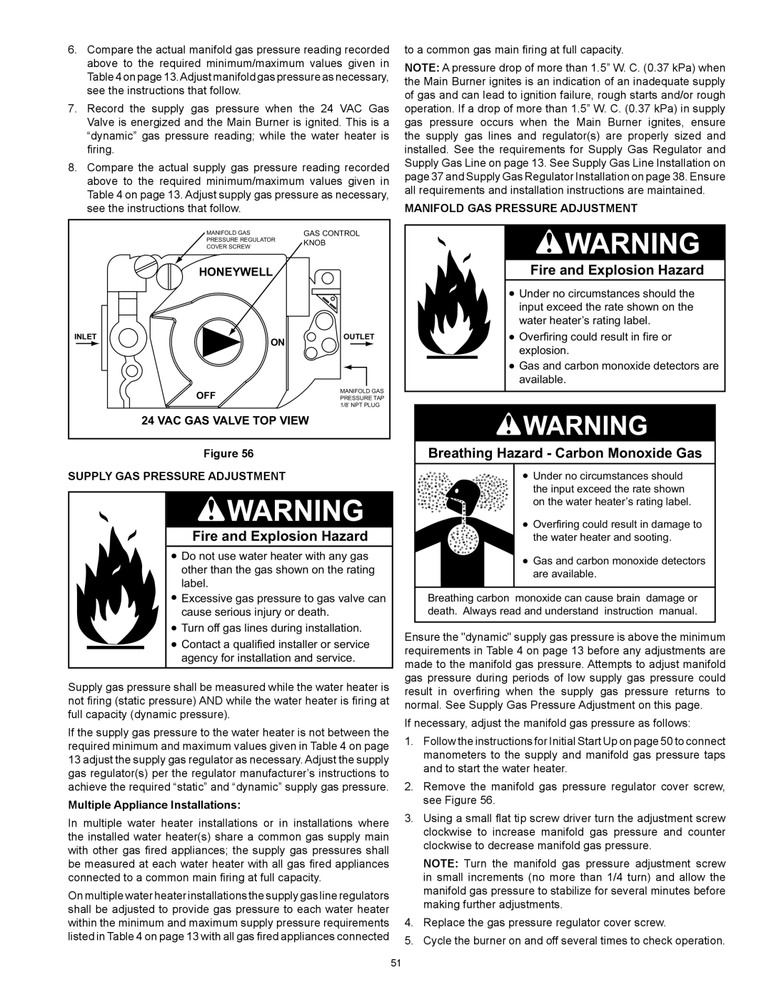 American Water Heater HCG3 130T 300 instruction manual Supply Gas Pressure Adjustment, Multiple Appliance Installations 