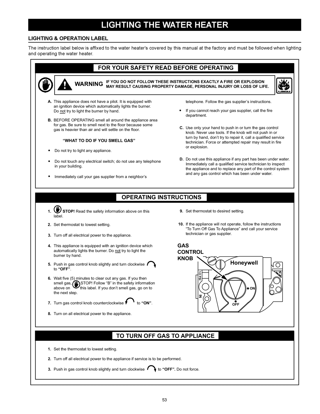 American Water Heater HCG3 130T 300 instruction manual Lighting The Water Heater, Lighting & Operation Label, Honeywell 