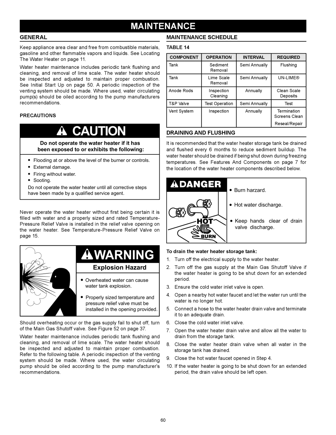 American Water Heater HCG3 130T 300 instruction manual General, Maintenance Schedule, Draining And Flushing 