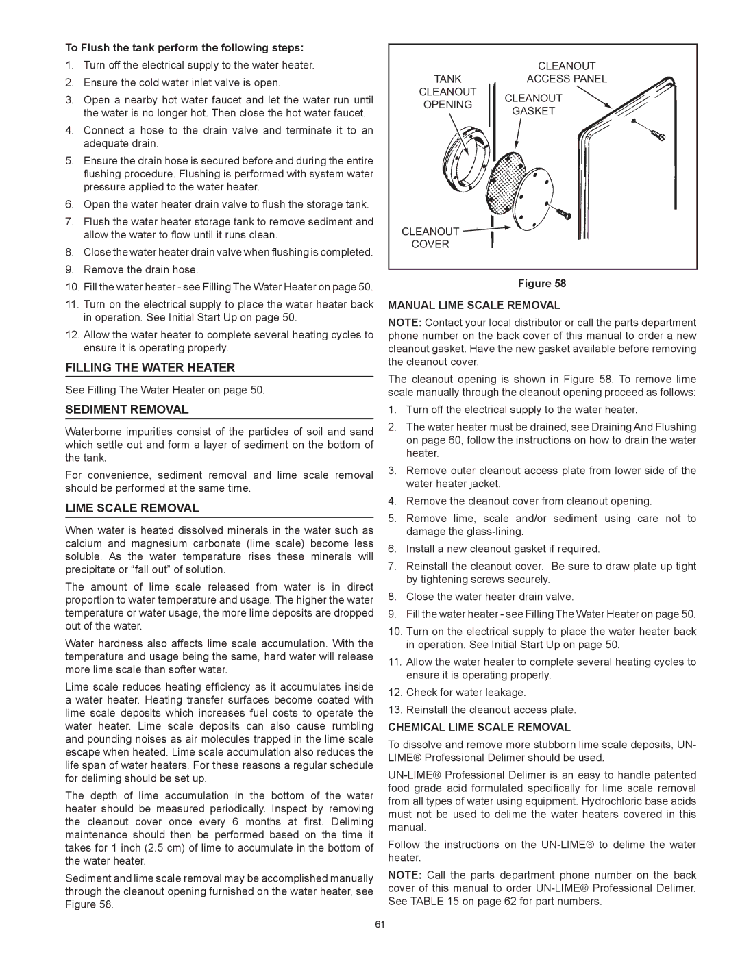 American Water Heater HCG3 130T 300 instruction manual Filling The Water Heater, Sediment Removal, Lime Scale Removal 