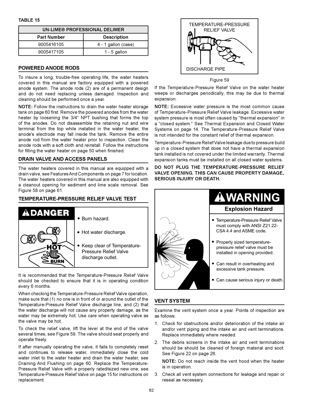 American Water Heater HCG3 130T 300 instruction manual Powered Anode Rods, Drain Valve and Access Panels, Vent System 