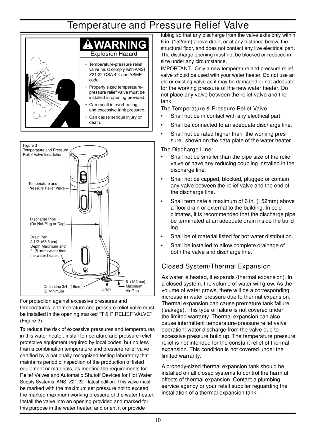 American Water Heater HPE10260H045DV manual Temperature and Pressure Relief Valve, Closed System/Thermal Expansion 