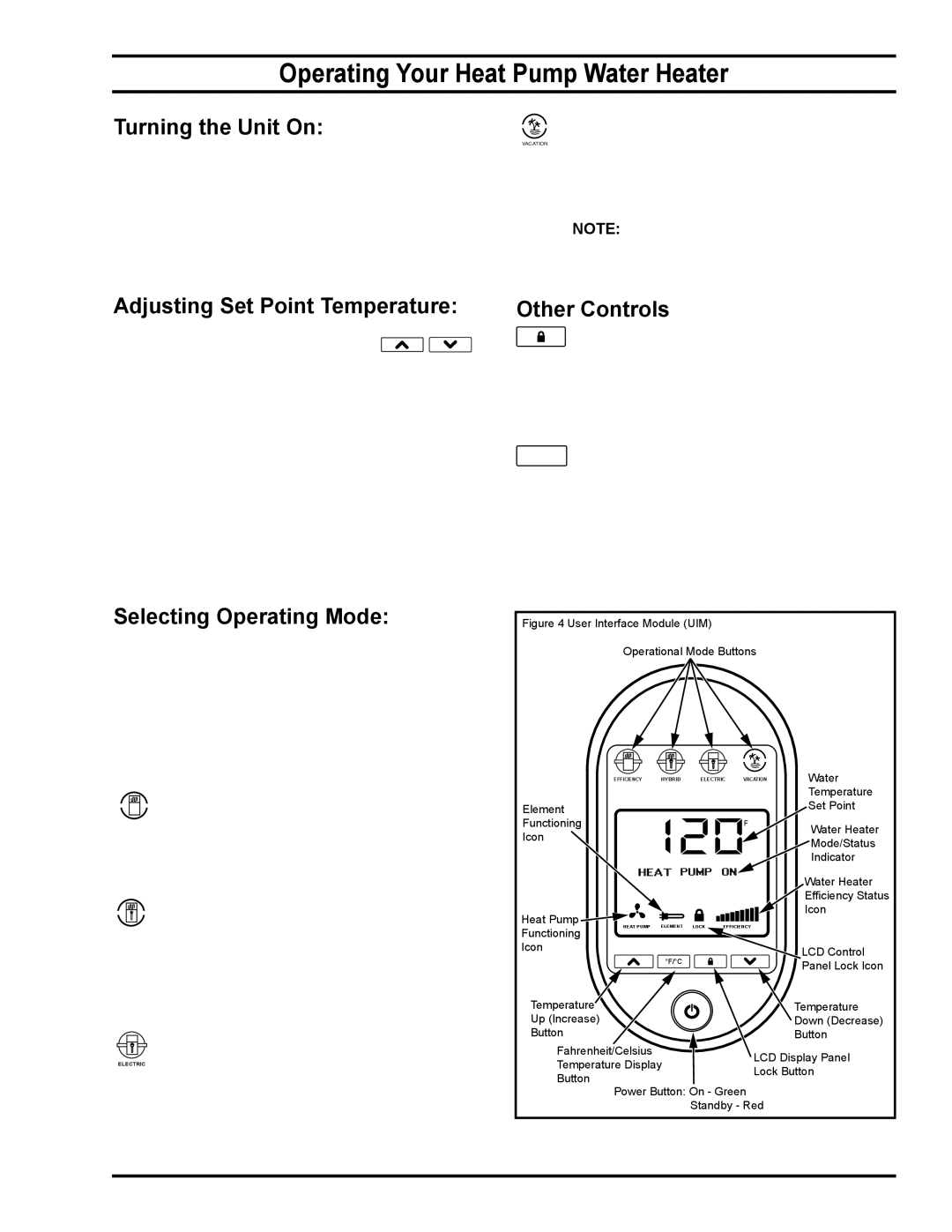 American Water Heater HPE10260H045DV Operating Your Heat Pump Water Heater, Turning the Unit On, Selecting Operating Mode 