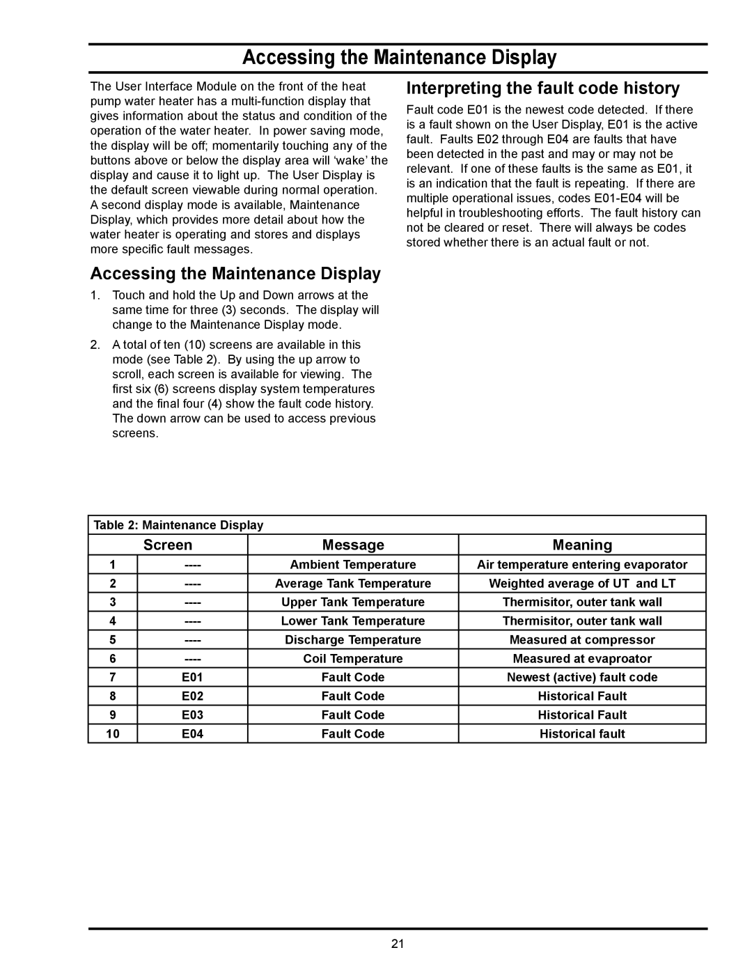 American Water Heater HPE10280H045DV manual Accessing the Maintenance Display, Interpreting the fault code history 