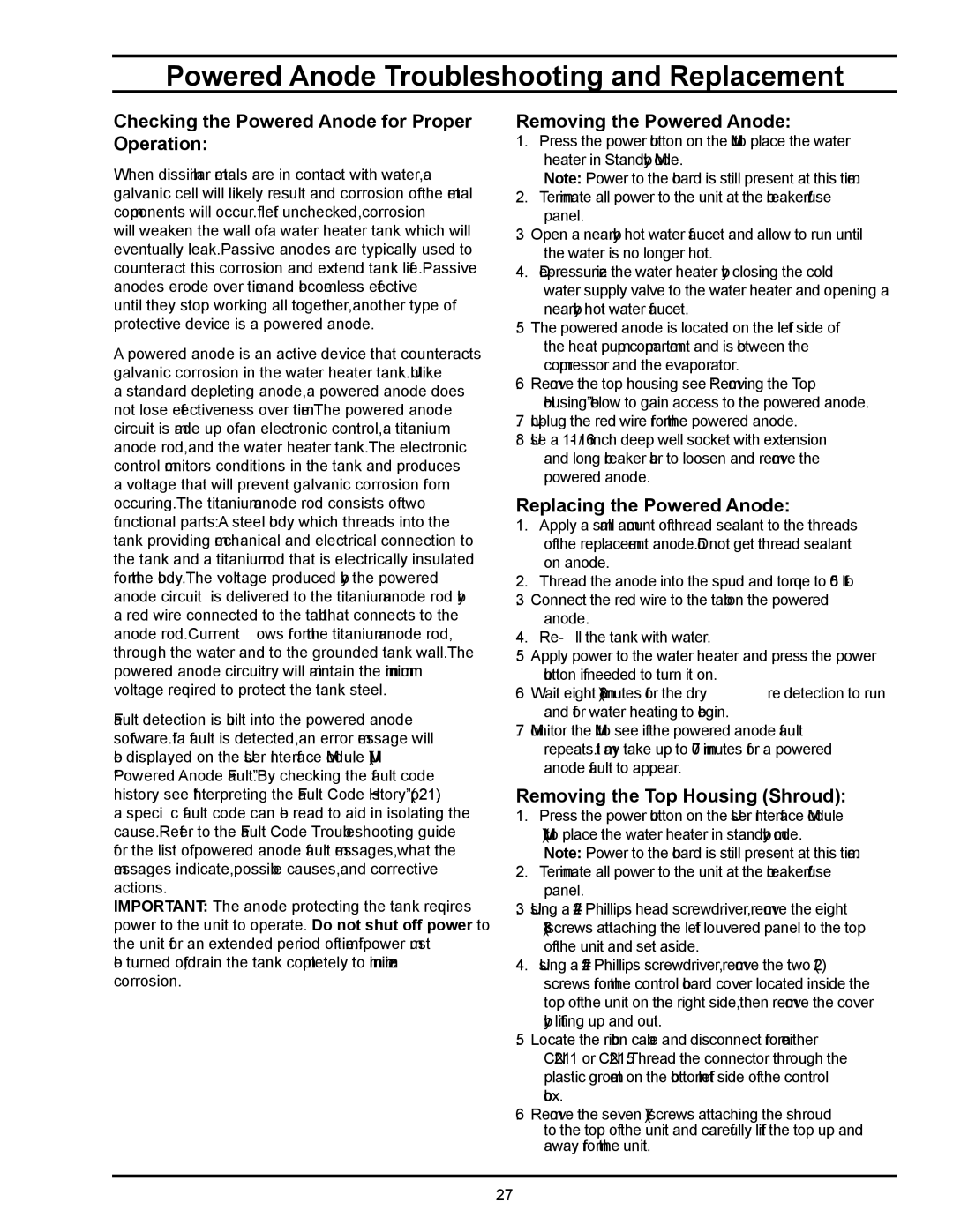 American Water Heater HPE10280H045DV manual Powered Anode Troubleshooting and Replacement, Removing the Powered Anode 