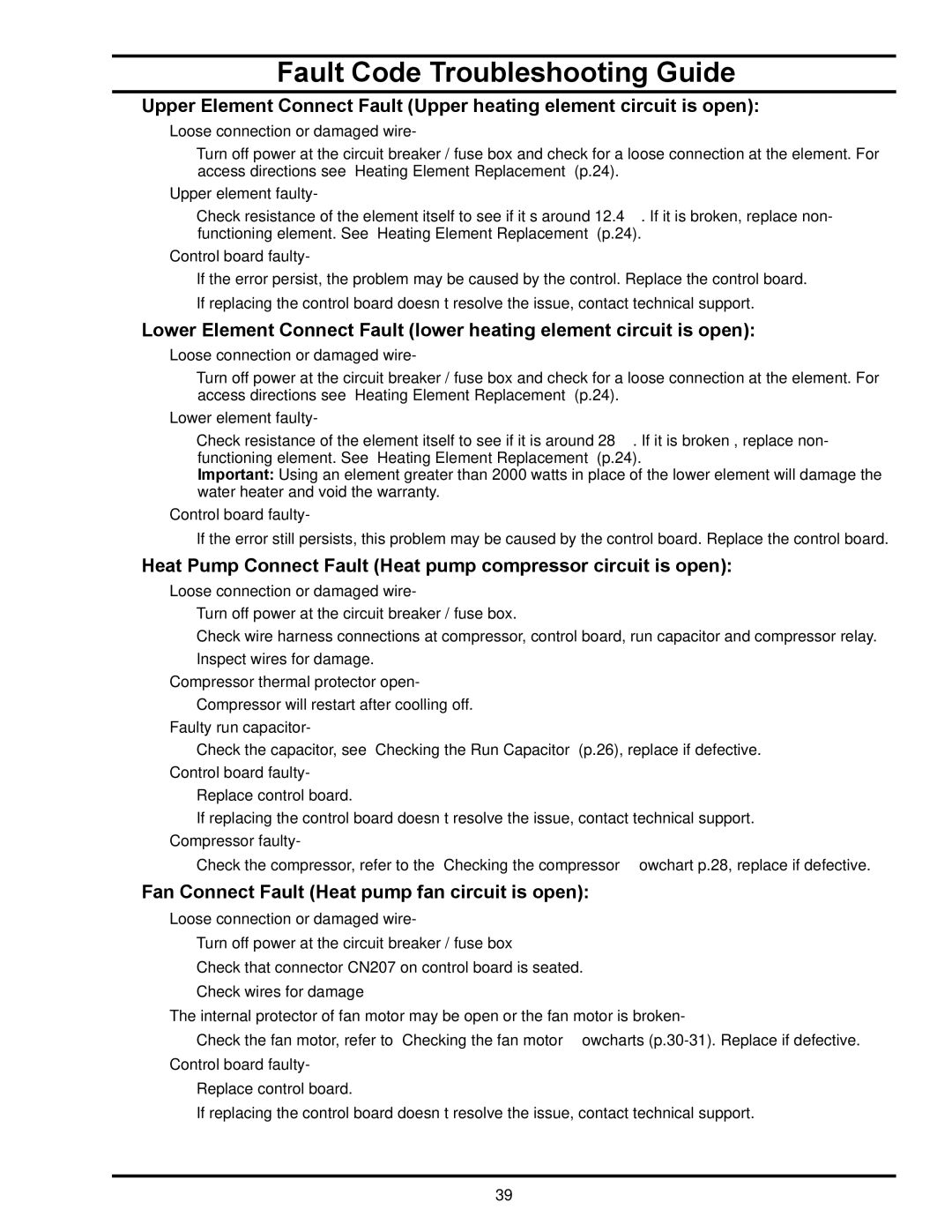 American Water Heater HPE10280H045DV Fault Code Troubleshooting Guide, Fan Connect Fault Heat pump fan circuit is open 