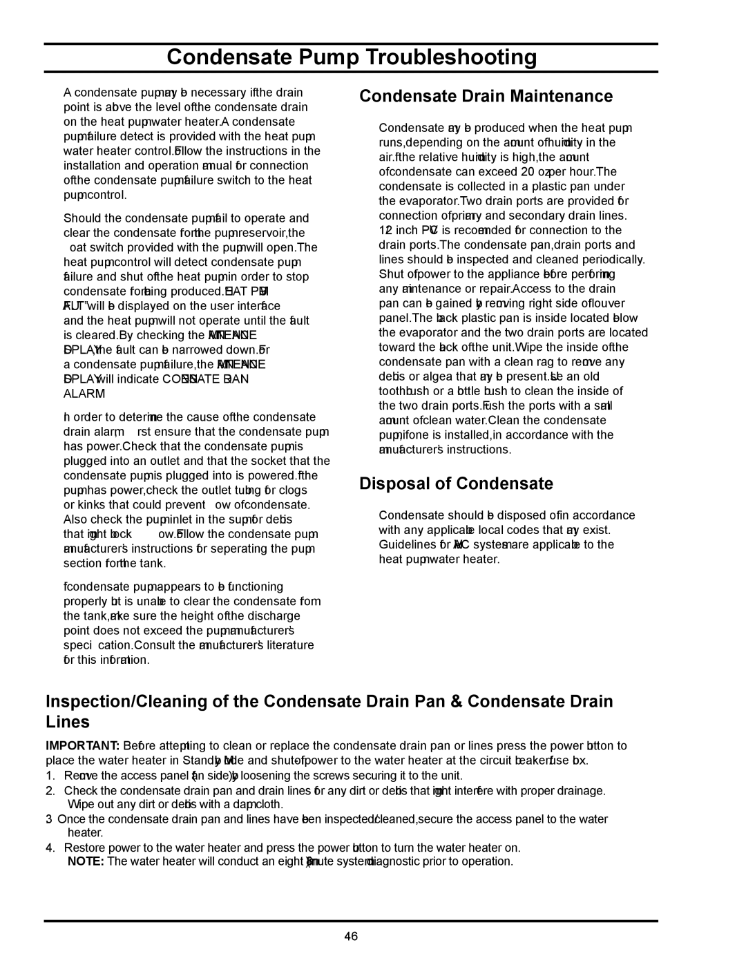 American Water Heater HPE10260H045DV Condensate Pump Troubleshooting, Condensate Drain Maintenance, Disposal of Condensate 