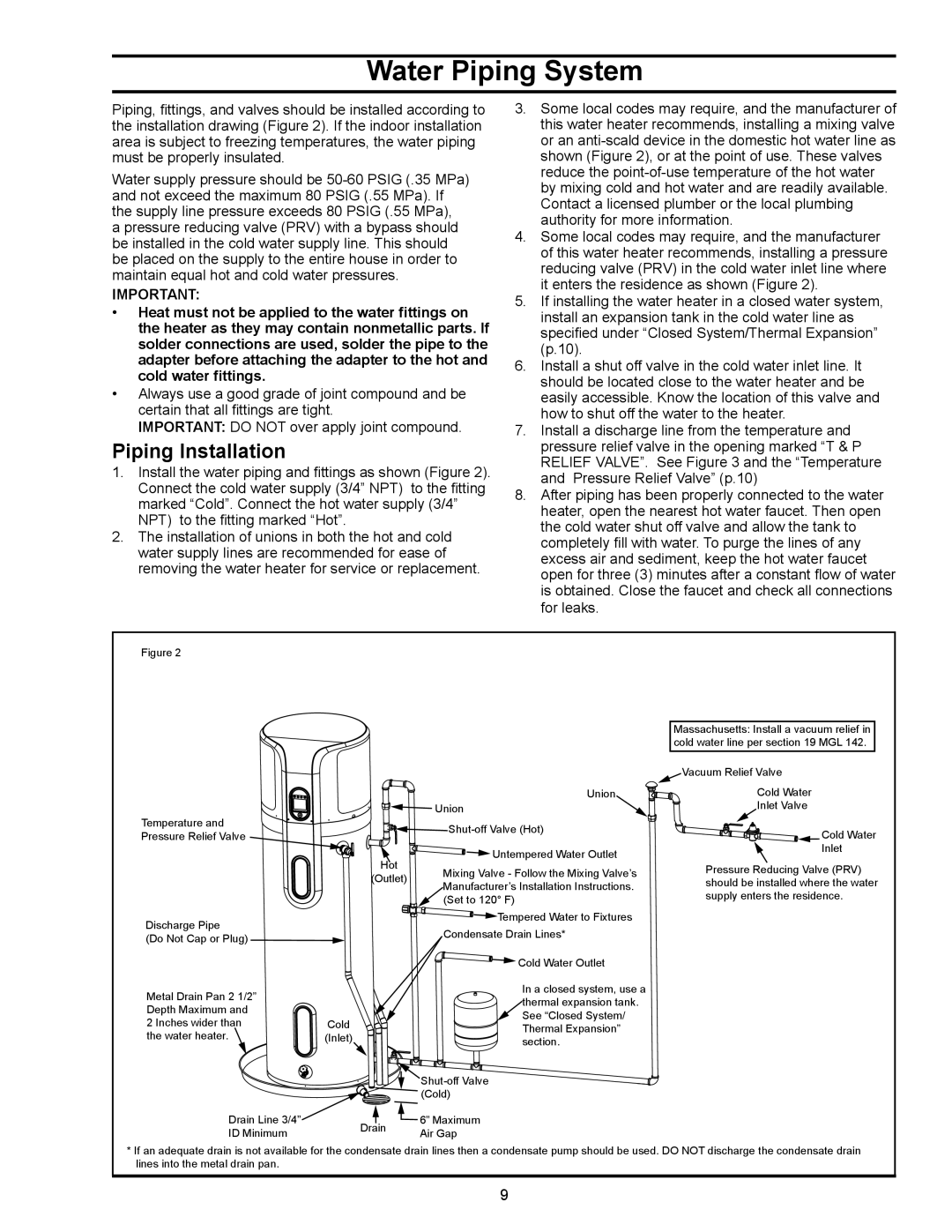 American Water Heater HPE10280H045DV, HPE10260H045DV manual Water Piping System, Piping Installation 