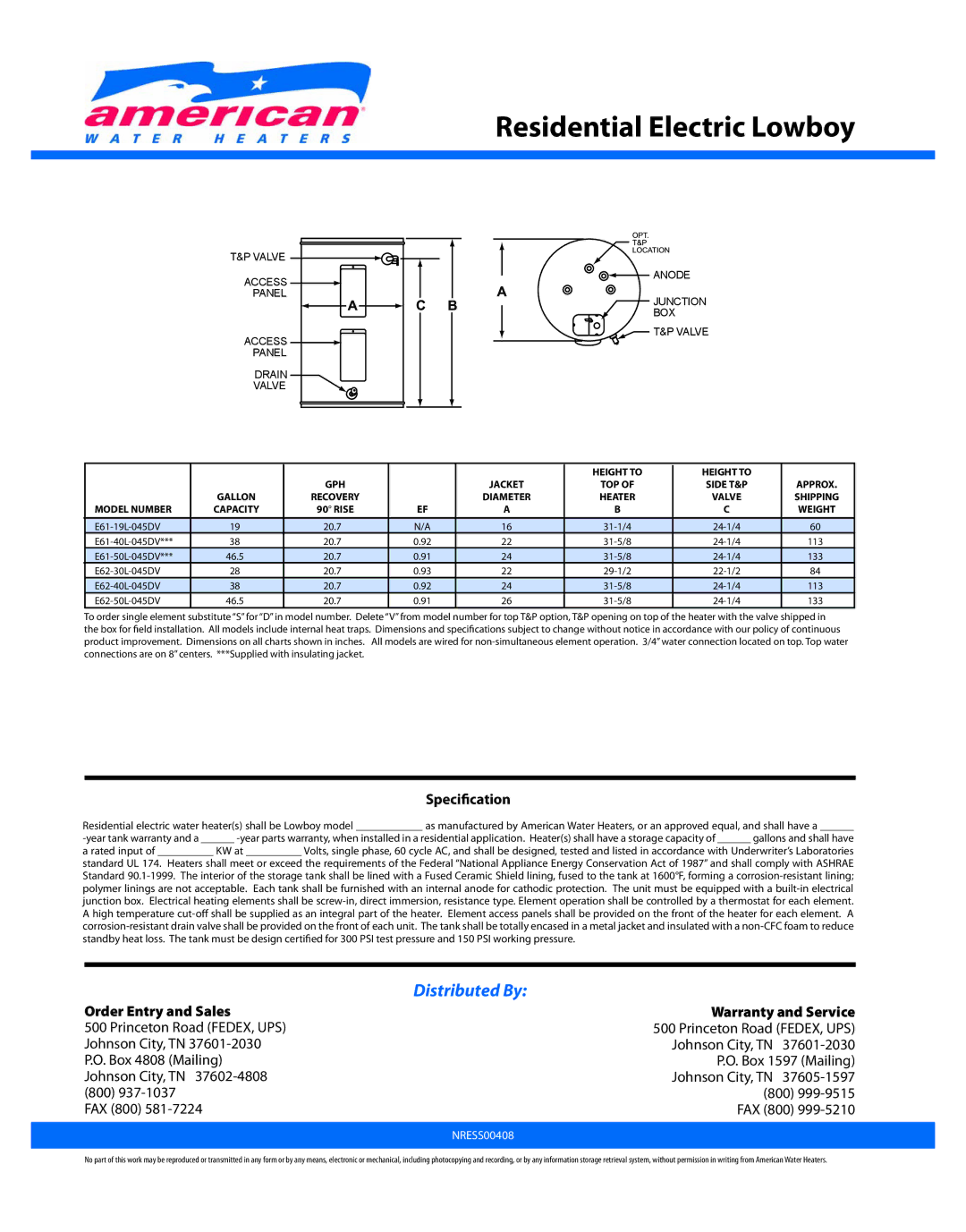 American Water Heater NRESS00408 warranty Specification, Order Entry and Sales Warranty and Service 