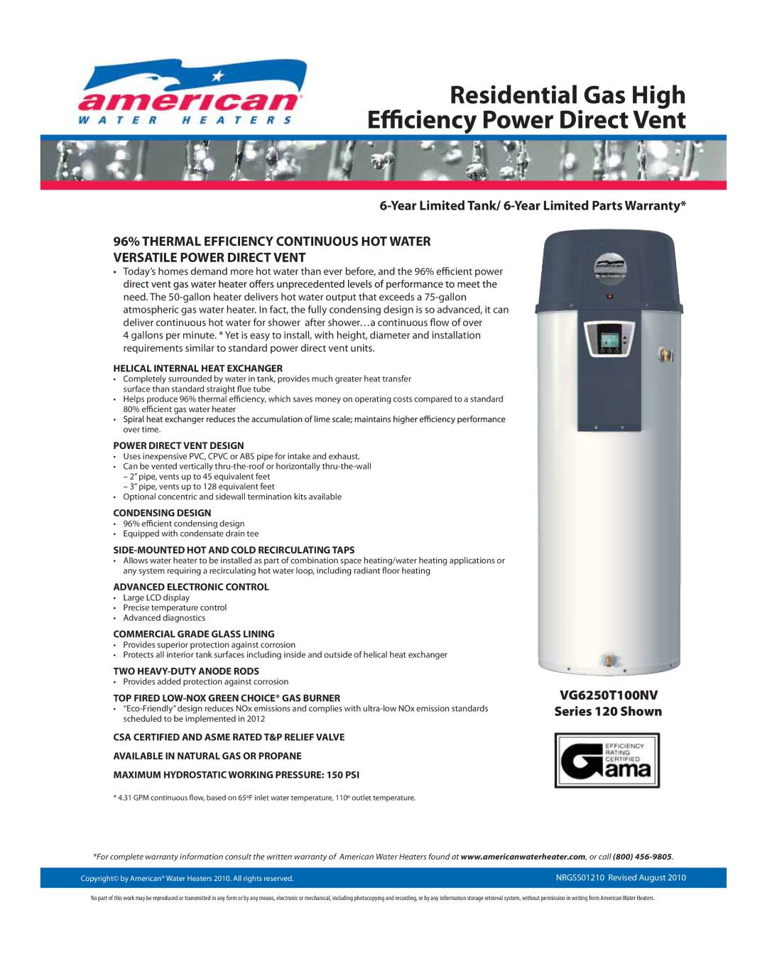 American Water Heater NRGSS01210 warranty Helical Internal Heat Exchanger, Power Direct Vent Design, Condensing Design 