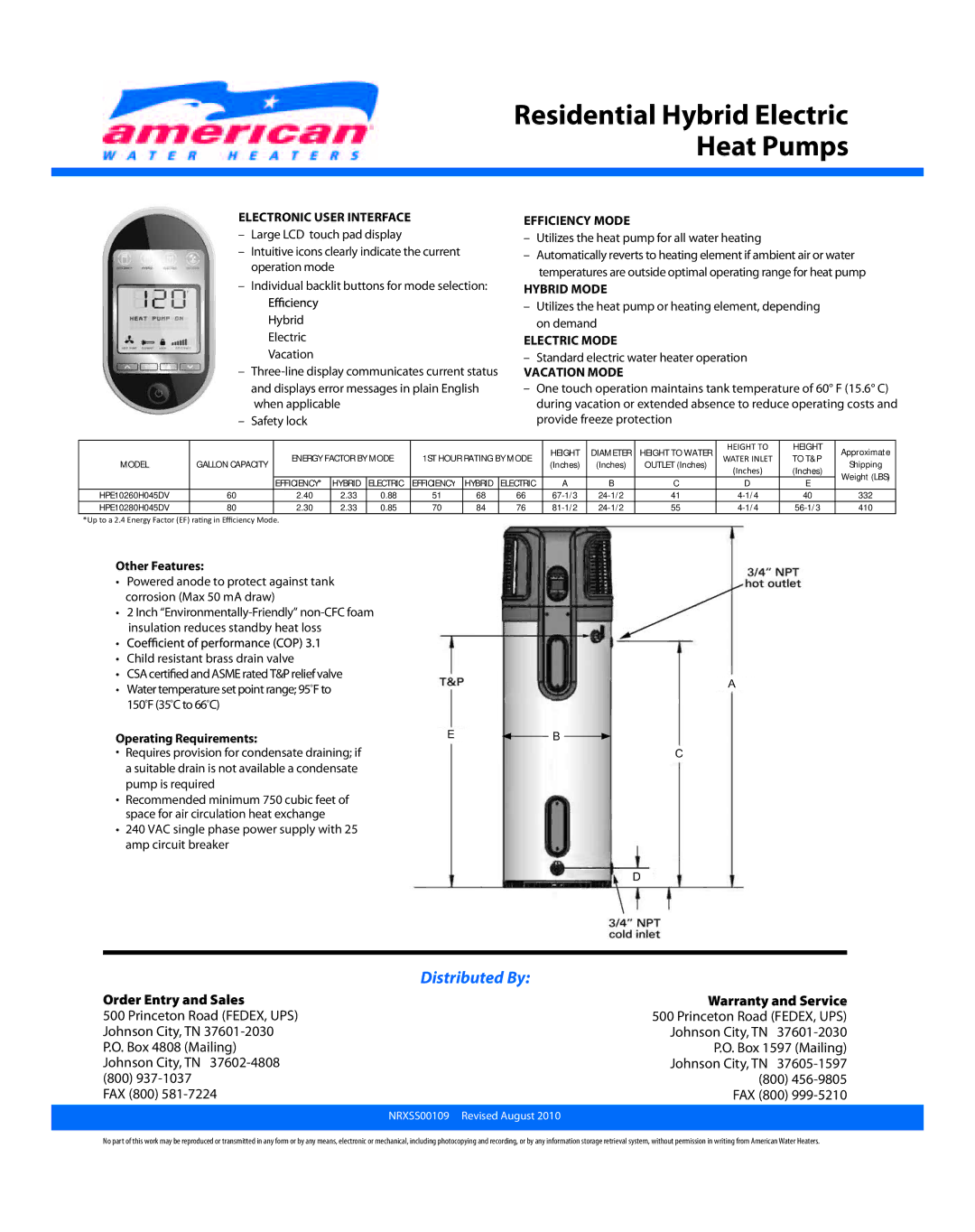 American Water Heater NRXSS00109 Electronic User Interface, Efficiency Mode, Hybrid Mode, Electric Mode, Vacation Mode 