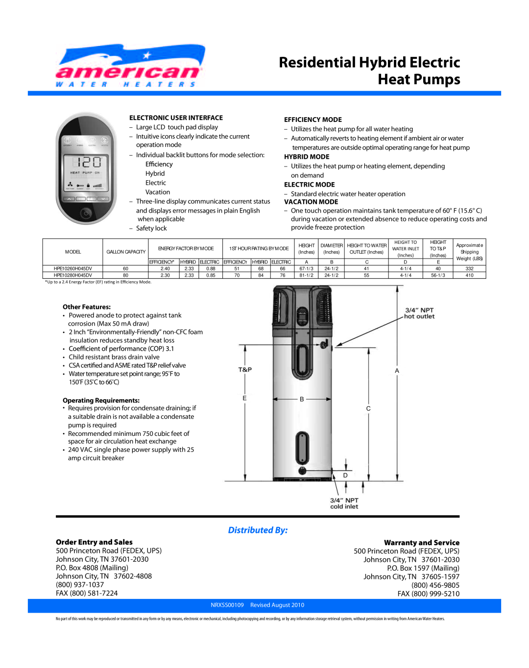 American Water Heater NRXSS00109 Order Entry and Sales, Warranty and Service, Residential Hybrid Electric Heat Pumps 