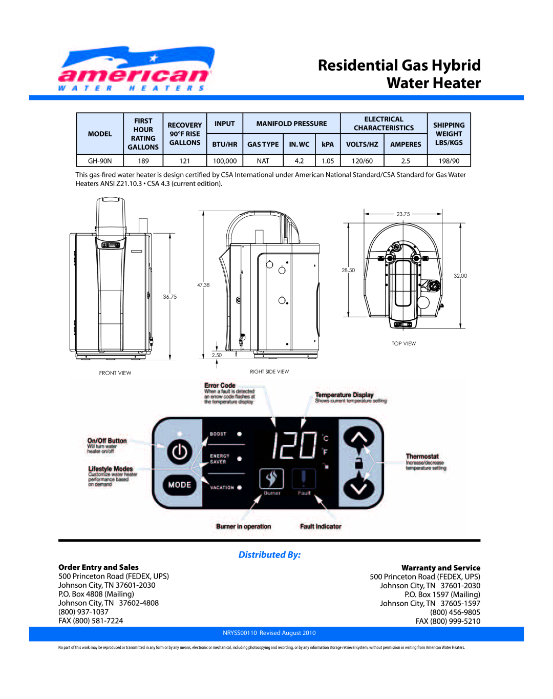 American Water Heater NRYSS00110, NRYSS0110 Order Entry and Sales, Residential Gas Hybrid Water Heater, Distributed By 
