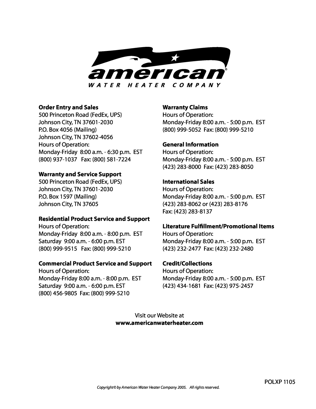 American Water Heater plus PR Order Entry and Sales, Warranty Claims, General Information, Warranty and Service Support 
