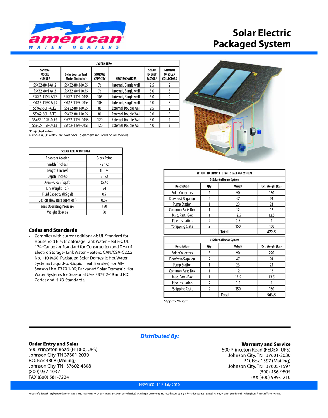 American Water Heater SSY62-80H-ACE2 warranty Codes and Standards, Order Entry and Sales Warranty and Service 