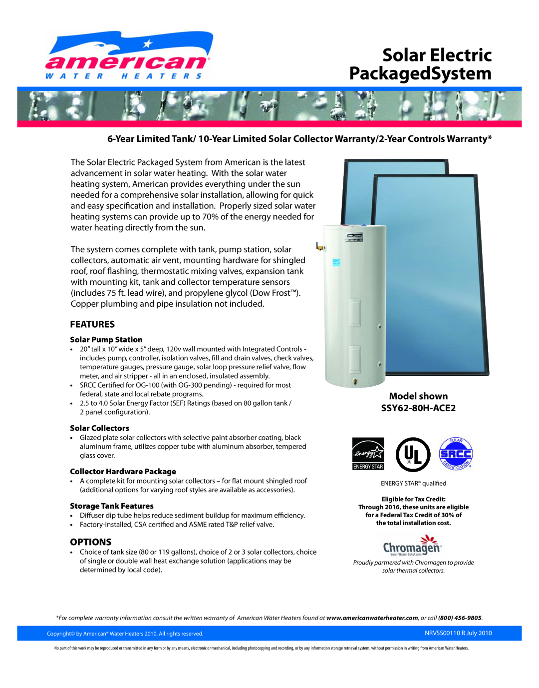 American Water Heater SSY62-80H-ACE2 warranty Solar Pump Station, Solar Collectors, Collector Hardware Package, Features 
